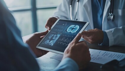 Doctor and patient reviewing medical records on a tablet computer.
