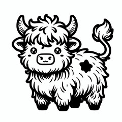 Cute scottish highland calf vector cartoon illustration, baby highland cow coloring clip art element design