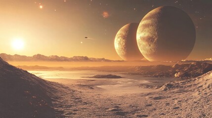 An artistic depiction of a binary planet system from the surface of one planet, showing its twin in the sky, casting long shadows and creating a unique, alien landscape.
