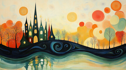 Obraz premium Watercolor art fantasy landscape with mountains at sunset with shadows of castles and tall buildings, clouds in the sky and waves, a magical city.