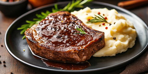 Juicy grilled steak being served on plate with mashed potatoes and rosemary