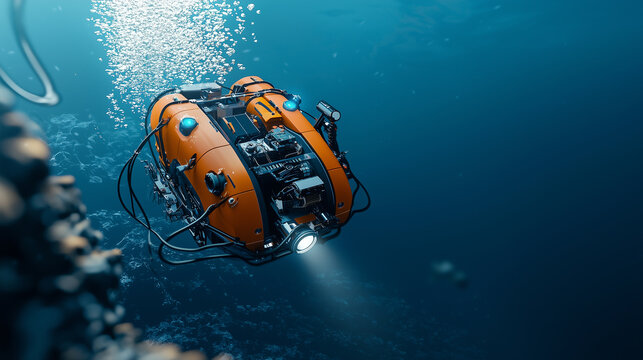 Underwater Drone Exploring Deep Ocean with Lights
