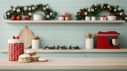 Festive kitchen scene with cookies and holiday decorations on shelves.