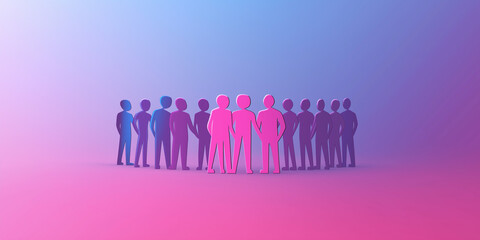 Group of people standing with three people highlighted in pink and blue