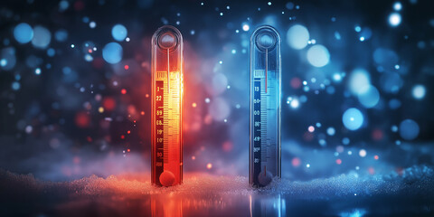 Two thermometers showing hot and cold temperatures on snow