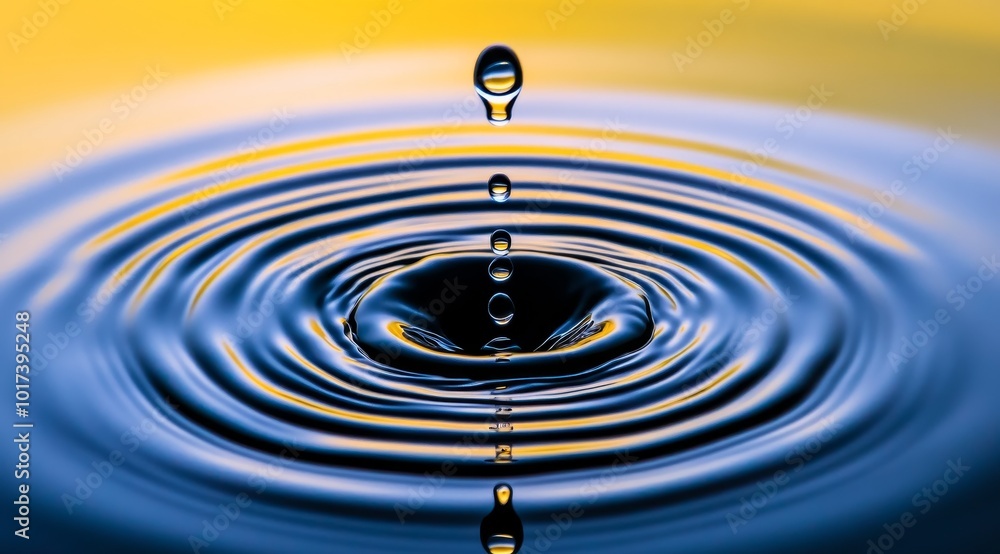Poster a single water drop falls into still water, creating ripples with a gradient of blue and yellow.