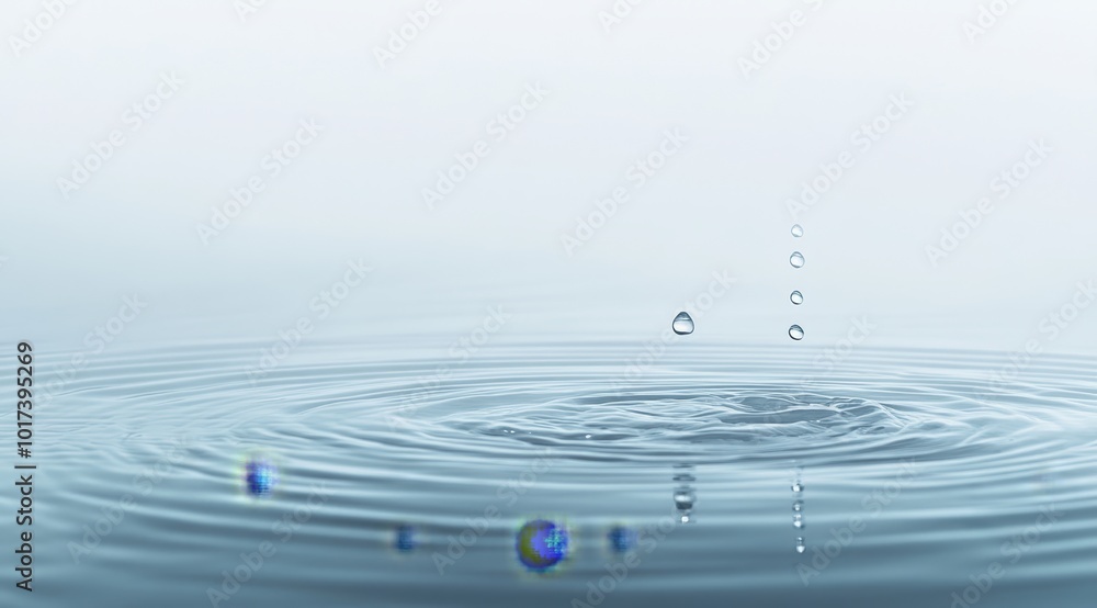 Poster water drop falling into a pool of water creating ripples and a splash.