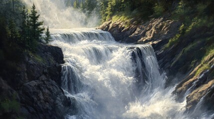 Majestic Waterfall Cascading Through Rugged Cliffs