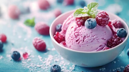 a bowl of ice cream with berries and mint