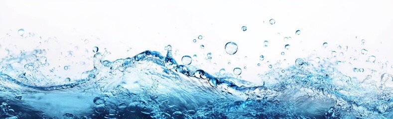 Close-up of a blue water splash with bubbles on a white background.