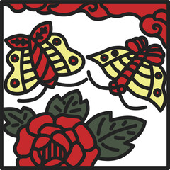 正方形カラー花札アイコン　水無月　牡丹　蝶　6月　牡丹に蝶