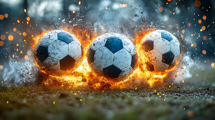 Three soccer balls engulfed in flames on a grassy field.