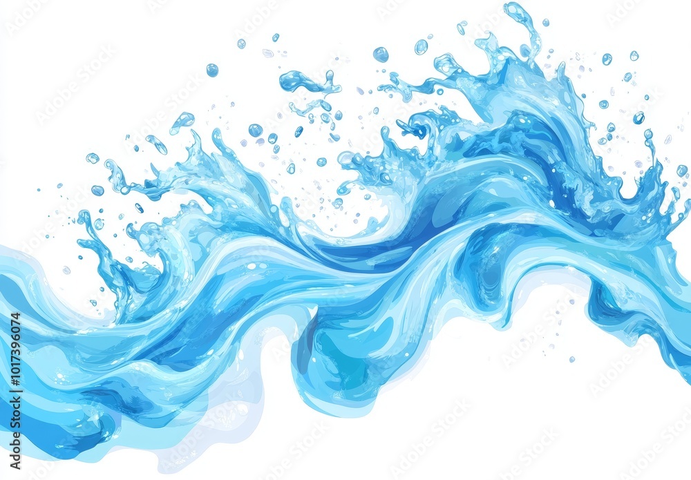 Poster a wave of water with a splash and droplets on a white background.