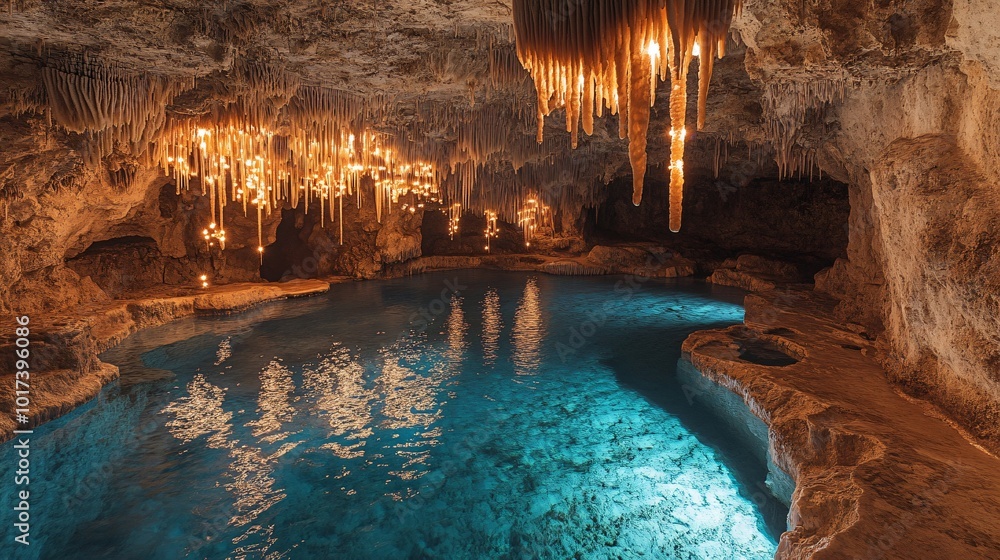 Poster a tranquil pool of water nestled within a cavern, illuminated by the glow of light filtering through