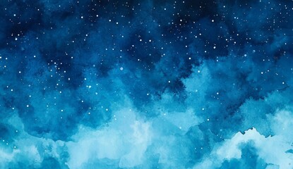 Abstract watercolor painting of a blue starry night sky.