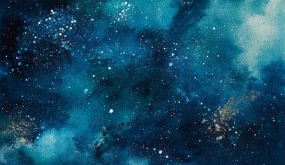 Blue watercolor background with white and gold dots resembling a night sky.