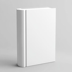 A single white book stands on a gray surface with its spine facing the viewer. The book is a blank...