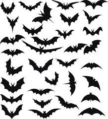 Bats horror flat set. Sticker with black mouse for Halloween decoration. Simple icon with animal from different sides. Silhouette of flying bat collection.