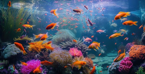 Aquarium with colorful fish swimming gracefully, harmonious flow creating aquatic tranquility, captivating glimpse into underwater world.