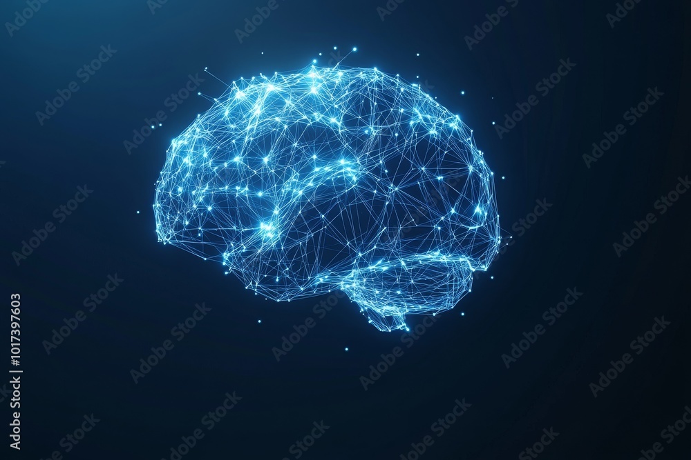 Poster a glowing blue digital brain made of connected lines and points on a dark blue background.