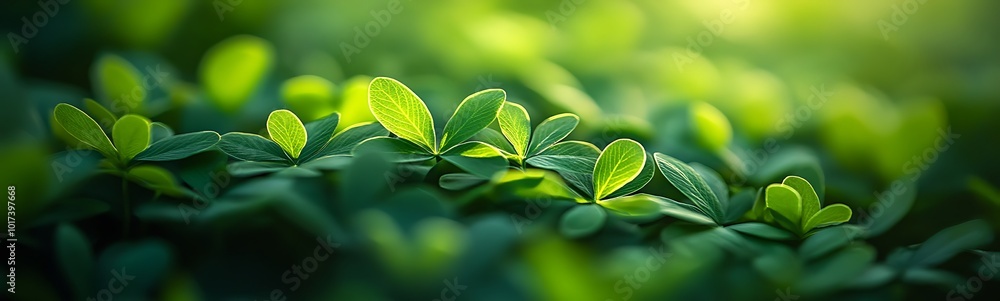 Poster a serene close-up of vibrant green leaves, illuminated by soft sunlight, creating a tranquil and ref
