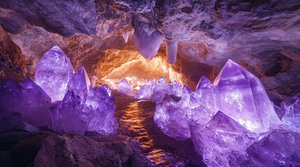 Obraz premium A view of a cave with many purple crystals that are illuminated by light from an opening in the ceiling.