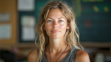 A woman with long blonde hair is smiling and looking at the camera. She is wearing a black tank top and a necklace