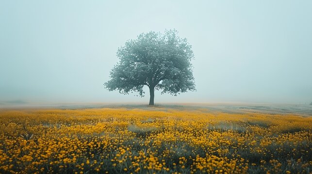 a lone tree in a field of yellow flowers in the foggy day with a blue sky in the background..