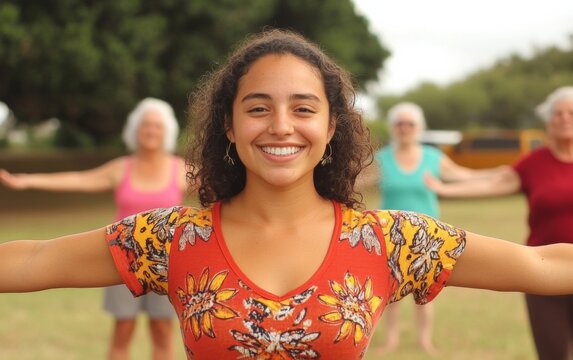Young Woman Leading Outdoor Yoga Class for Elderly Group in Vibrant Colorful Setting