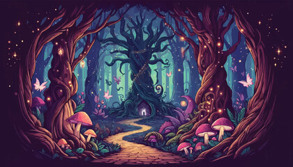 Mystical woodland with ancient trees lush vegetation and sparkling fairy lights background