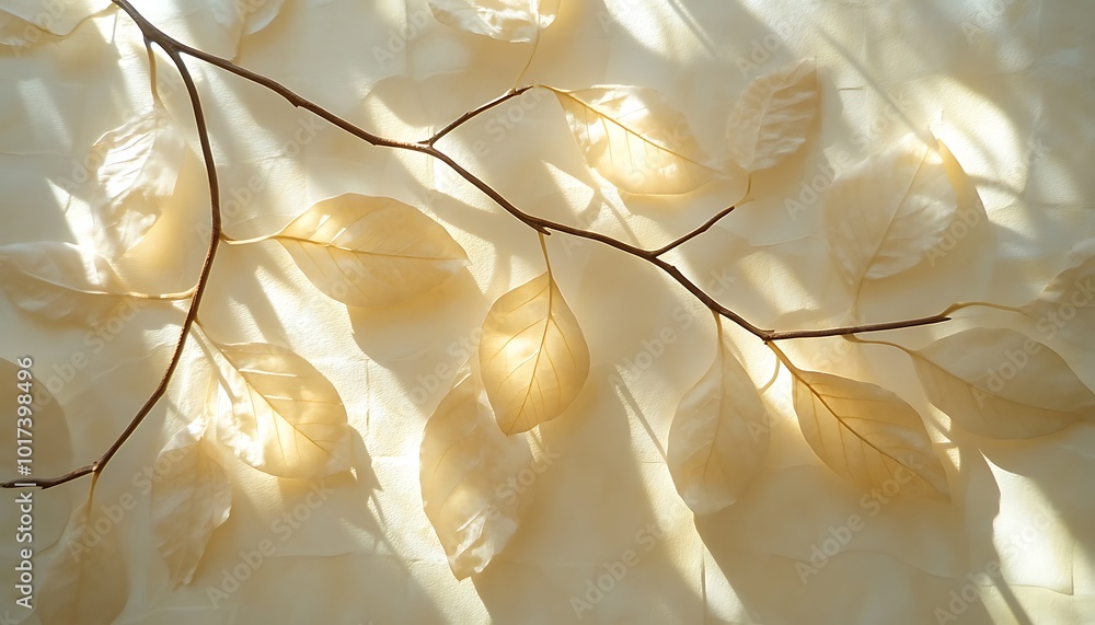 Poster Delicate, translucent leaves and branches create a soft, natural pattern, illuminated by gentle sunlight against a light background.