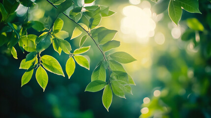 Green leaf for nature on blurred background with beautiful bokeh and copy space for text