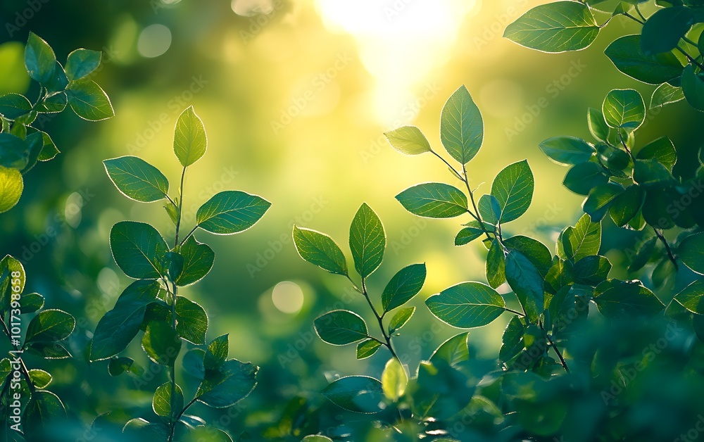 Poster A tranquil scene of green leaves illuminated by soft sunlight, creating a calming and refreshing atmosphere in a natural setting.