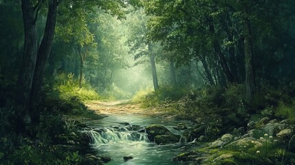 A misty forest path with a flowing stream and lush foliage.
