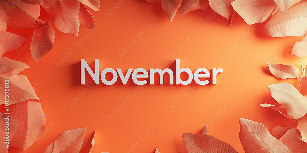 Poster november 3d text surrounded by autumn leaves on orange background