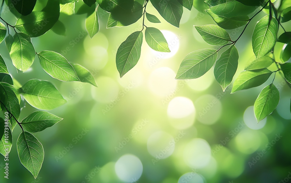 Poster Lush green leaves with droplets, illuminated by soft light, creating a peaceful and refreshing natural atmosphere.