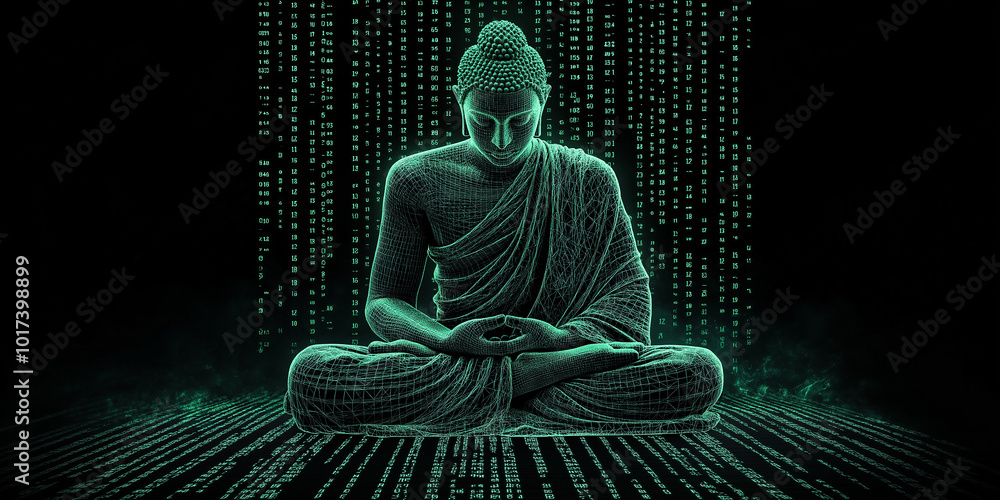 Poster Wireframe buddha statue meditating surrounded by green binary code