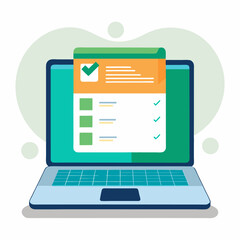 Online form survey on laptop vector illustration, working on computer quiz exam paper sheet document, on-line questionnaire results on desktop table flat cartoon, digital check list or internet test