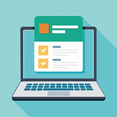 Online form survey on laptop vector illustration, working on computer quiz exam paper sheet document, on-line questionnaire results on desktop table flat cartoon, digital check list or internet test