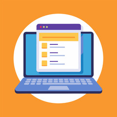 Online form survey on laptop vector illustration, working on computer quiz exam paper sheet document, on-line questionnaire results on desktop table flat cartoon, digital check list or internet test