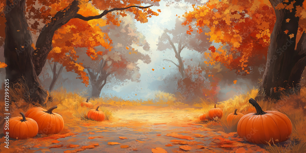 Poster Forest path covered with autumn leaves and pumpkins on a foggy day