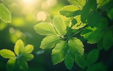 Fototapeta na wymiar Lush green leaves glisten in soft sunlight, creating a serene and refreshing nature scene filled with tranquility.