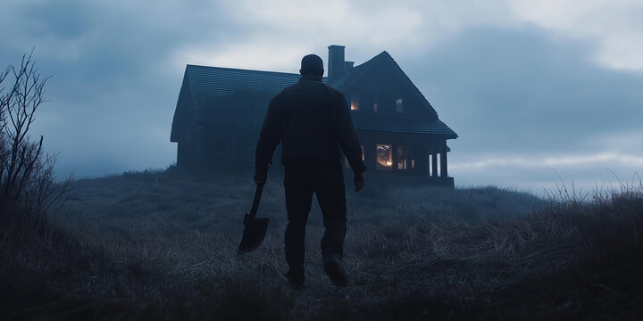 Lumberjack walking with axe toward remote house in fog at dusk