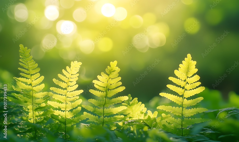 Poster Lush green ferns bask in soft sunlight, creating a serene atmosphere with blurred, glowing background bokeh effects.
