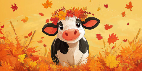 Obraz premium Cute baby cow sitting in autumn leaves wearing floral crown