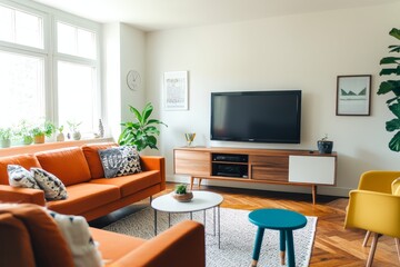 Modern living room with orange couch, yellow chair, wooden floors, and a flat-screen TV.
