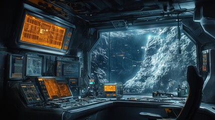 Fototapeta premium Inside a high-tech control room on a spacecraft, engineers monitor the progress of a mining expedition on a distant asteroid, with live data feeds and holographic 3D maps showing excavation sites.