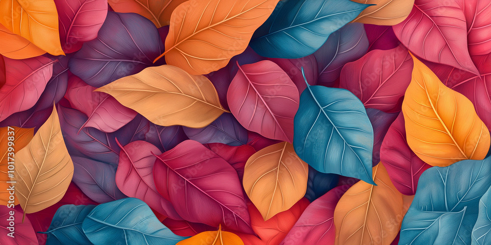 Aufkleber Background of colorful autumn leaves overlapping creating warm color palette