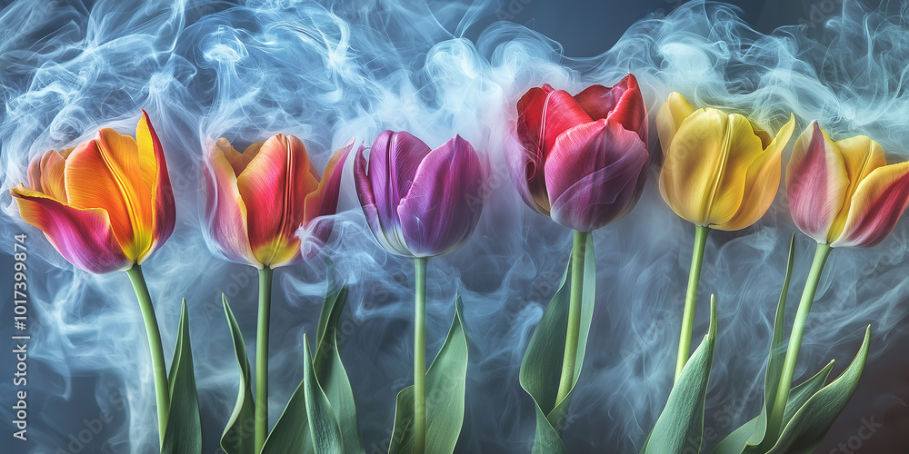 Poster multicolored tulips standing in a row surrounded by smoke