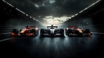 Two racing cars on a track with dramatic lighting and clouds.